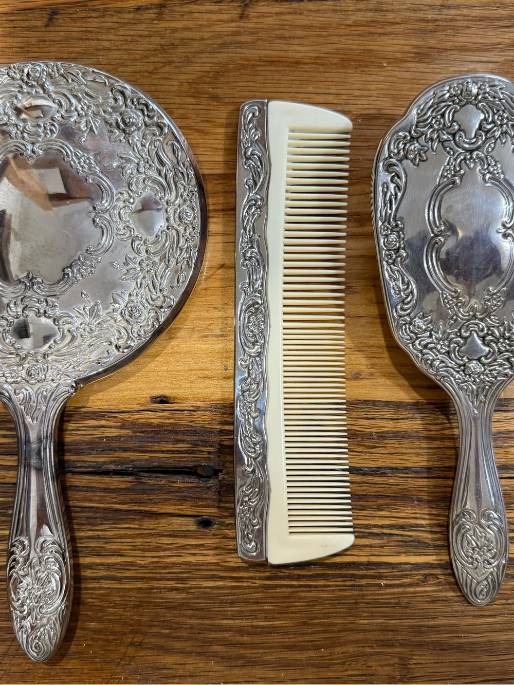 Vintage 3-Piece Dresser Silver Plated Vanity Set, Mirror, Brush, & Comb